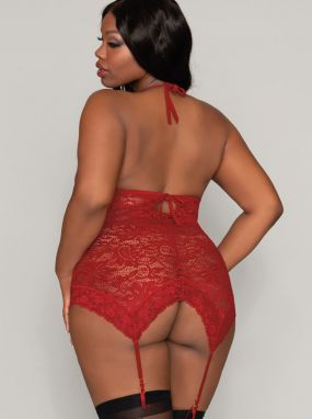 Plus Size Red Garnet Lace Zip-Up Chemise & G-String