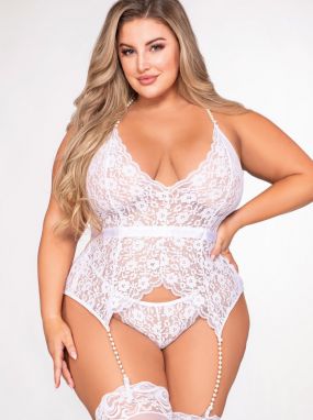 Plus Size White Scalloped Lace Camisette & G-String Set W/ Pearl Links
