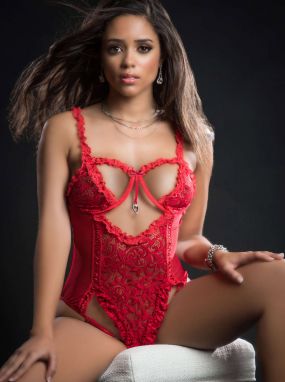 Candy Red Jacquard Lace Underwired Teddy W/ Open Butt