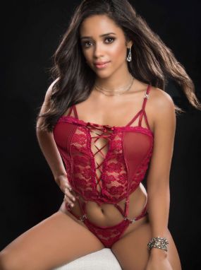 Red Berry Butterfly Lace & Mesh Teddy W/ Lace-Up Back Thong