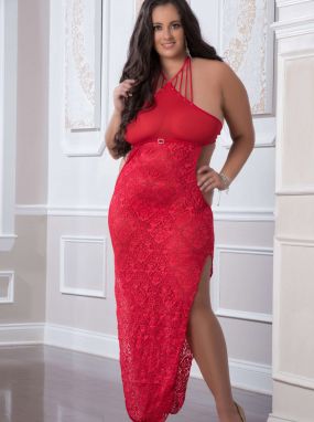 Plus Size Red Cherry Lace Halter Lingerie Gown & G-String