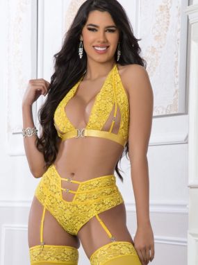Yellow Illuminating Floral Lace Peek-a-Boo Top, Gartered Panty & Thigh Highs Set