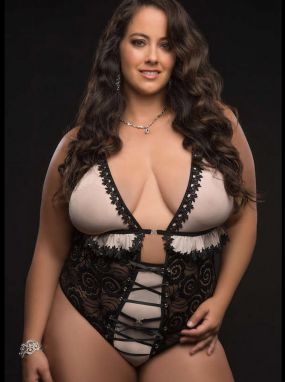 Plus Size Black Lace & Nude Sheer Teddy W/ Lacing