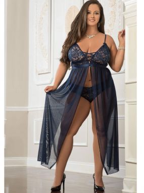 Plus Size Midnight Navy Sheer Lace & Mesh Lingerie Gown & Panty Set