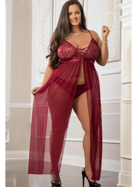 Plus Size Wine Sheer Lace & Mesh Lingerie Gown & Panty Set
