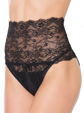 Black Scalloped Lace High-Waisted Crotchless Panty W/ Open Butt
