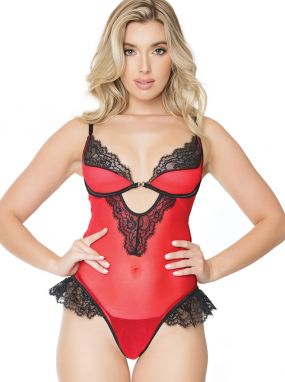 Red Mesh & Black Lace Crotchless Teddy W/ Open Butt