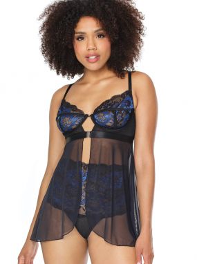Black & Cobalt Blue Lace & Mesh Underwired Babydoll & High-Waisted Thong