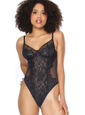 Black Scalloped Lace & Sheer Mesh Underwired Teddy W/ G-String Hook