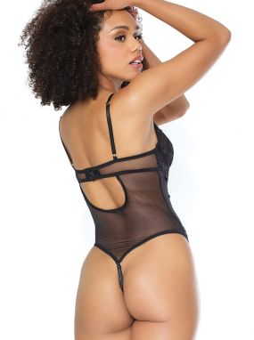 Black Scalloped Lace & Sheer Mesh Underwired Teddy W/ G-String Hook
