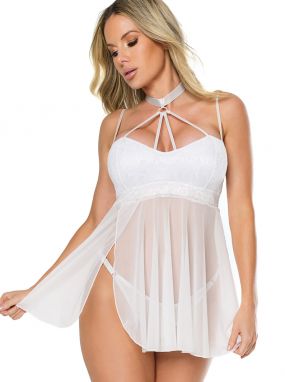 White Opaque Lace & Sheer Mesh Strappy Neck Babydoll & Adjustable Thong