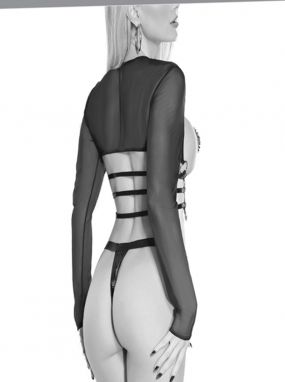 Black Mesh Cupless Long Sleeved Top W/ Strappy Details