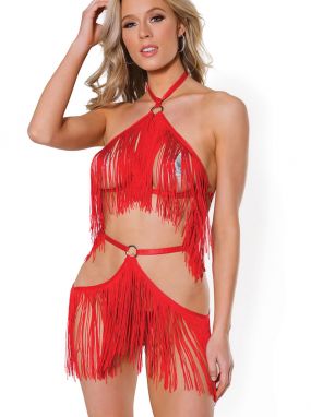 Red Fringe Harness Top & Skirt Set