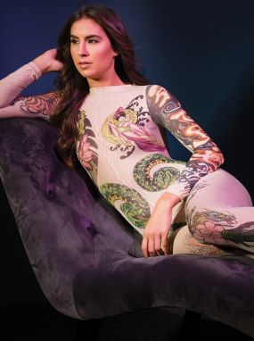 Nude Sheer & Tattoo Print Bodystocking W/ Open Crotch