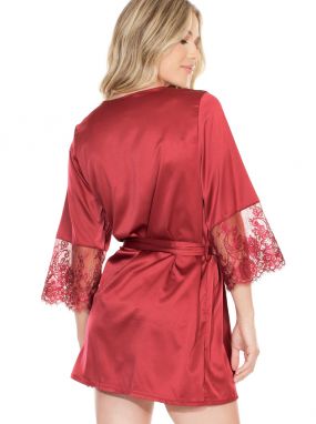 Merlot Silky Satin Robe W/ Eyelash Lace Trim
