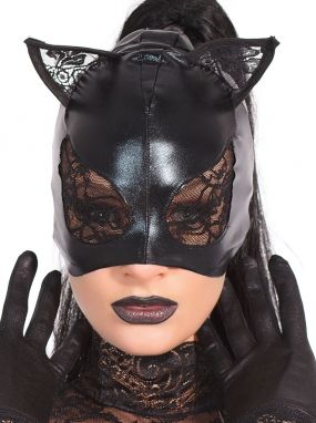 Black Wet Look & Lace Cat Mask
