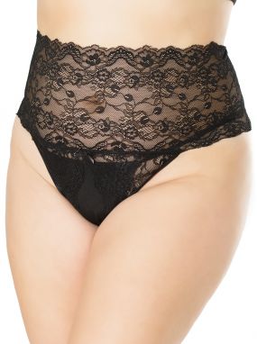 Plus Size Black Scalloped Lace High-Waisted Crotchless Panty W/ Open Butt