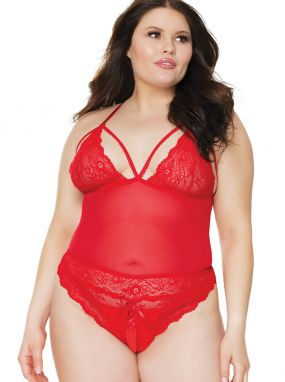 Plus Size Red Cranberry Mesh & Lace Peek-a-Boo Crotchless Teddy W/ Open Butt