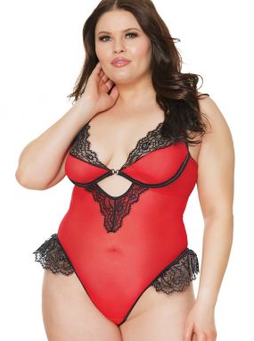 Plus Size Red Mesh & Black Lace Crotchless Teddy W/ Open Butt