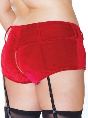 Plus Size Red Velvet Zipper Shorts W/ Removable Garters