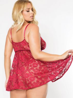 Plus Size Ruby Red Lace Babydoll & Adjustable Thong