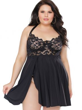 Plus Size Black Microfiber & Lace Underwired Babydoll & Adjustable Thong