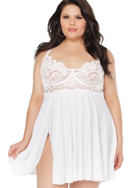 Plus Size White Microfiber & Lace Underwired Babydoll & Adjustable Thong