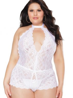 Plus Size White Scalloped Lace Crotchless Teddy W/ Open Butt