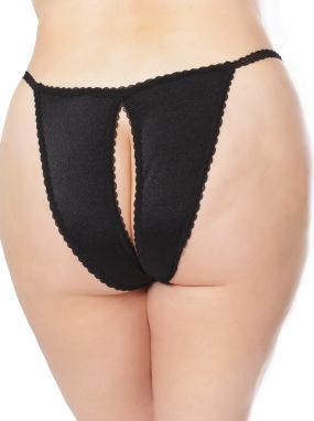 Plus Size Black Knit Crotchless Panty W/ Front to Back Opening