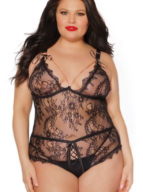 Plus Size Black Eyelash Lace Crotchless Teddy W/ Rose Gold Chain Links