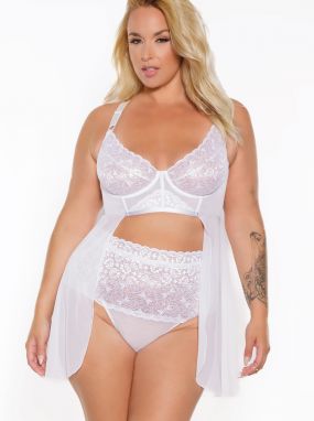 Plus Size White Lace & Mesh Underwired Babydoll & High-Waisted Thong