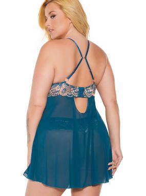 Plus Size Teal Mesh & Rose Gold Lace Underwired Babydoll & Thong