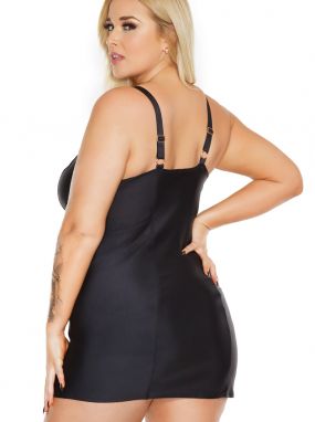 Plus Size Black Knit & Sheer Mini Dress W/ Lacing & Ring Accents