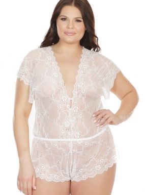 Plus Size White Scalloped Lace Deep V Romper W/ Button-Up Front