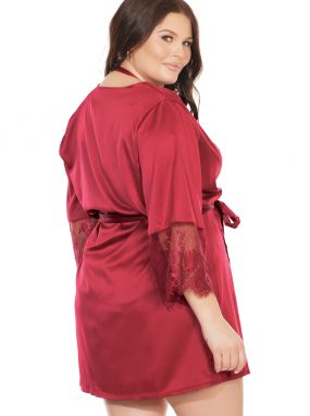 Plus Size Merlot Silky Satin Robe W/ Eyelash Lace Trim