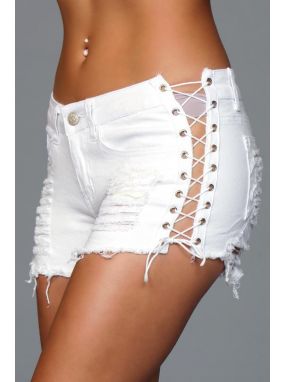 White High-Rise Distressed Shorts W/ Lacing