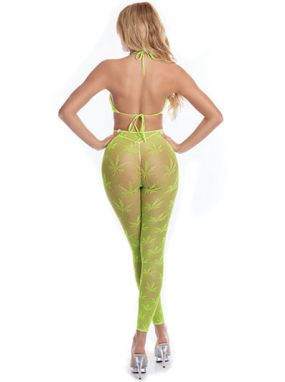 Neon Green Pot Leaf Embroidered Fishnet Tri-Top & High-Waisted Leggings Set