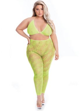 Plus Size Green Pot Leaf Embroidered Fishnet Tri-Top & High-Waisted Leggings Set