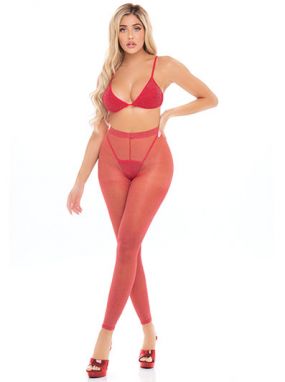 Red Sheer Lurex Triangle Top & High-Waisted Leggings Set