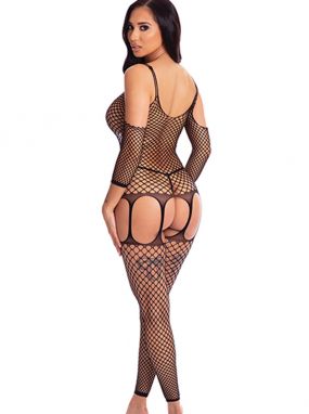 Black Cut-Out Fishnet Footless Bodystocking W/ Open Crotch
