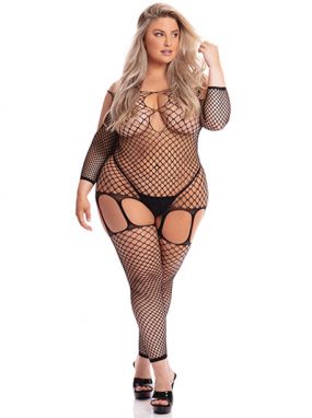 Plus Size Black Cut-Out Fishnet Footless Bodystocking W/ Open Crotch