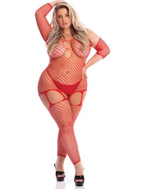 Plus Size Red Cut-Out Fishnet Footless Bodystocking W/ Open Crotch