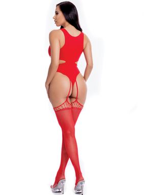 Red Opaque Knit Teddy Style Bodystocking W/ Attached Thigh Highs