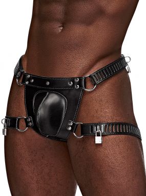 Black Studded Leather Men's Chastity G-String W/ Leg Straps