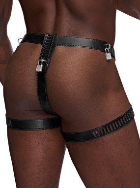 Black Studded Leather Men's Chastity G-String W/ Leg Straps