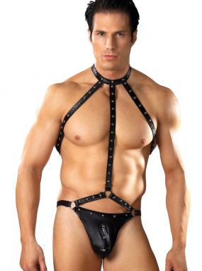 Black Faux Leather Men's Gladiator Harness W/ Attached G-String
