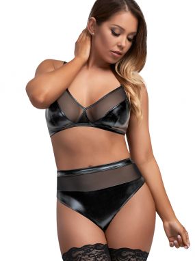 Black Wet-Look & Mesh Bralette & High-Waisted Crotchless Panty Set