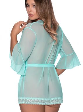 Turquoise Sheer Mesh Flutter Sleeve Robe W/ Lace Trim