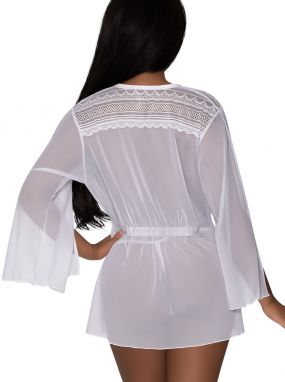 White Sheer Mesh & Scalloped Lace Robe W/ Split Sleeves & G-String