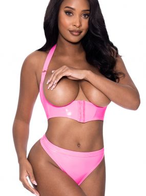 Pink Wet-Look Cupless Bra & Crotchless Panty Set